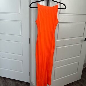 Zara Ribbed High Square-Neck Midi Dress in Orange
